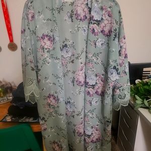 Sheer cardigan with lace sleeve accent